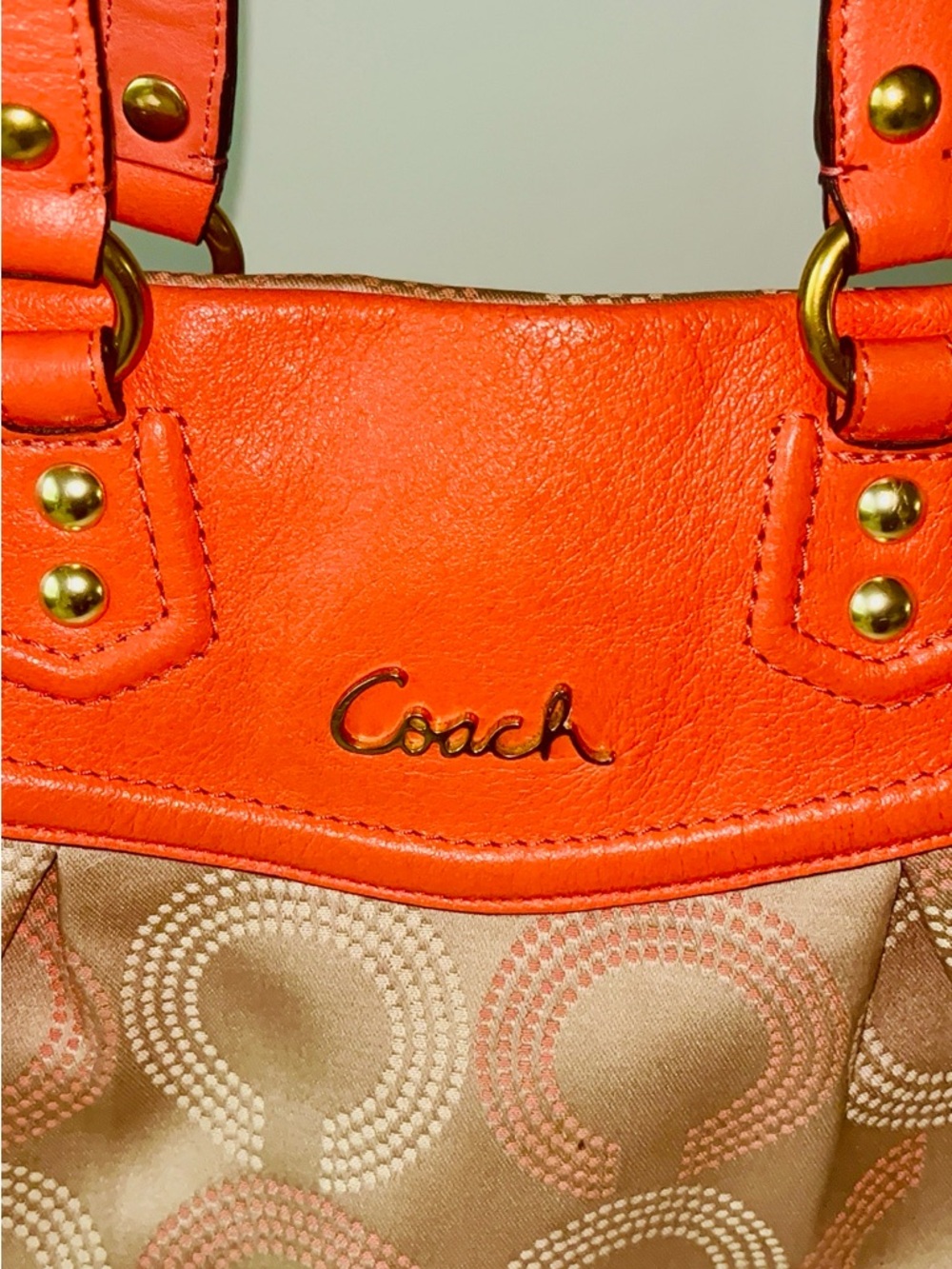 Coach Beige Signature Tote with Bright Orange Leather Trim - Picture 4 of 8